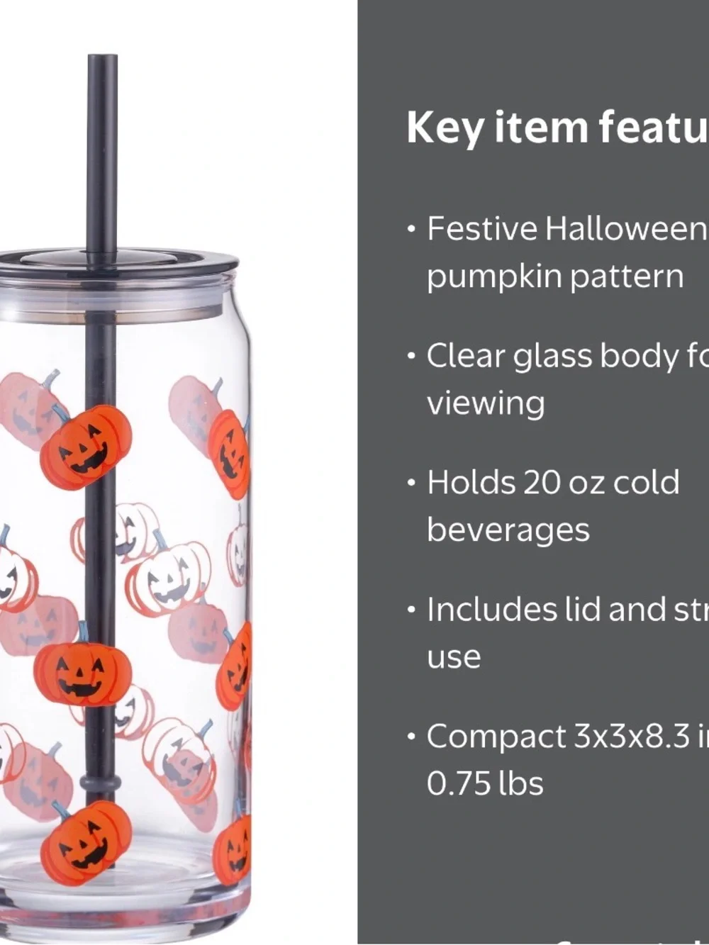 Halloween Pumpkin glass Tumbler with Straw - Orange New